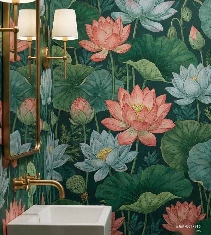 A lotus pond mural enclosing a brass bath