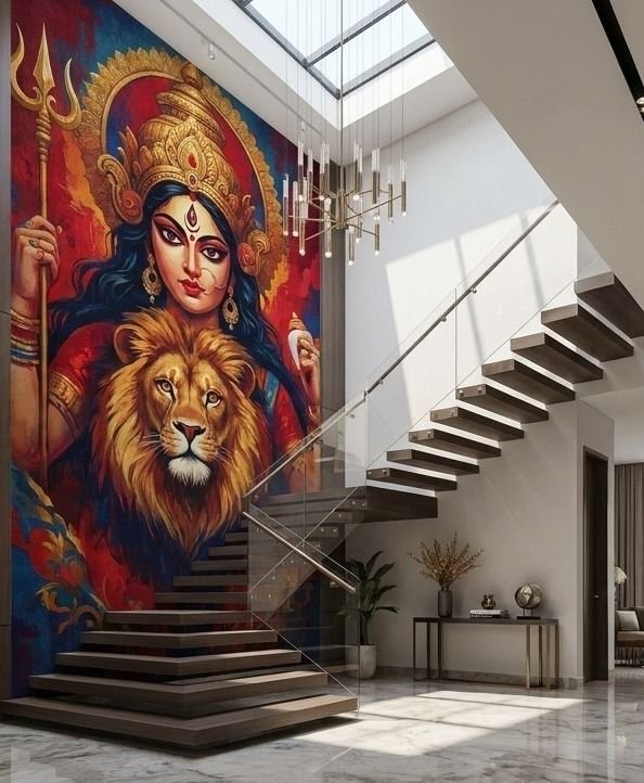 Durga with her lion above a staircase