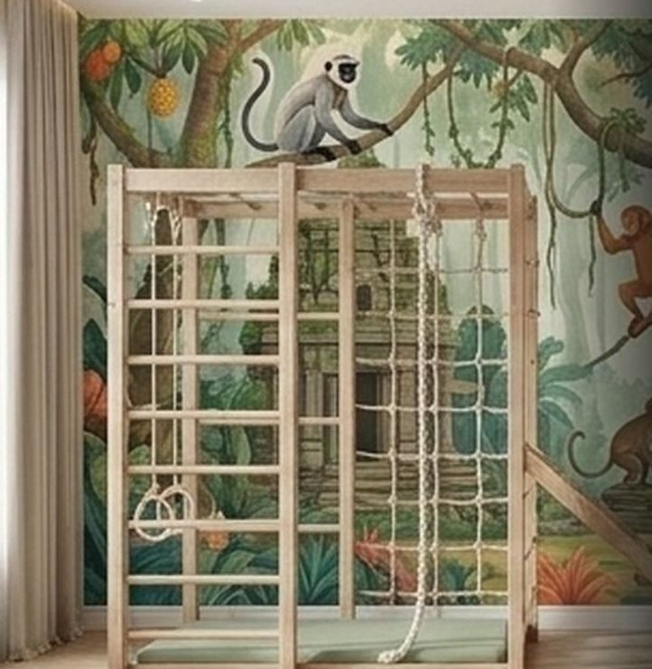 Langurs swinging across a jungle-gym mural