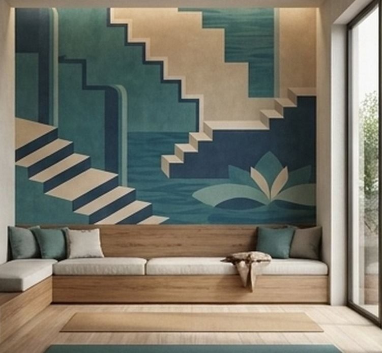Stepped abstract geometry in five blues