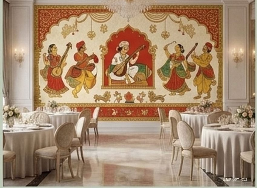 Festival procession mural in mural red across a banquet hall