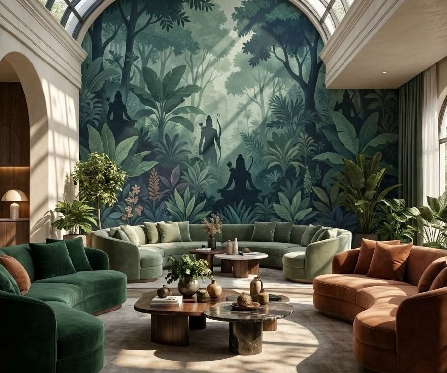Dense emerald jungle mural around a lounge